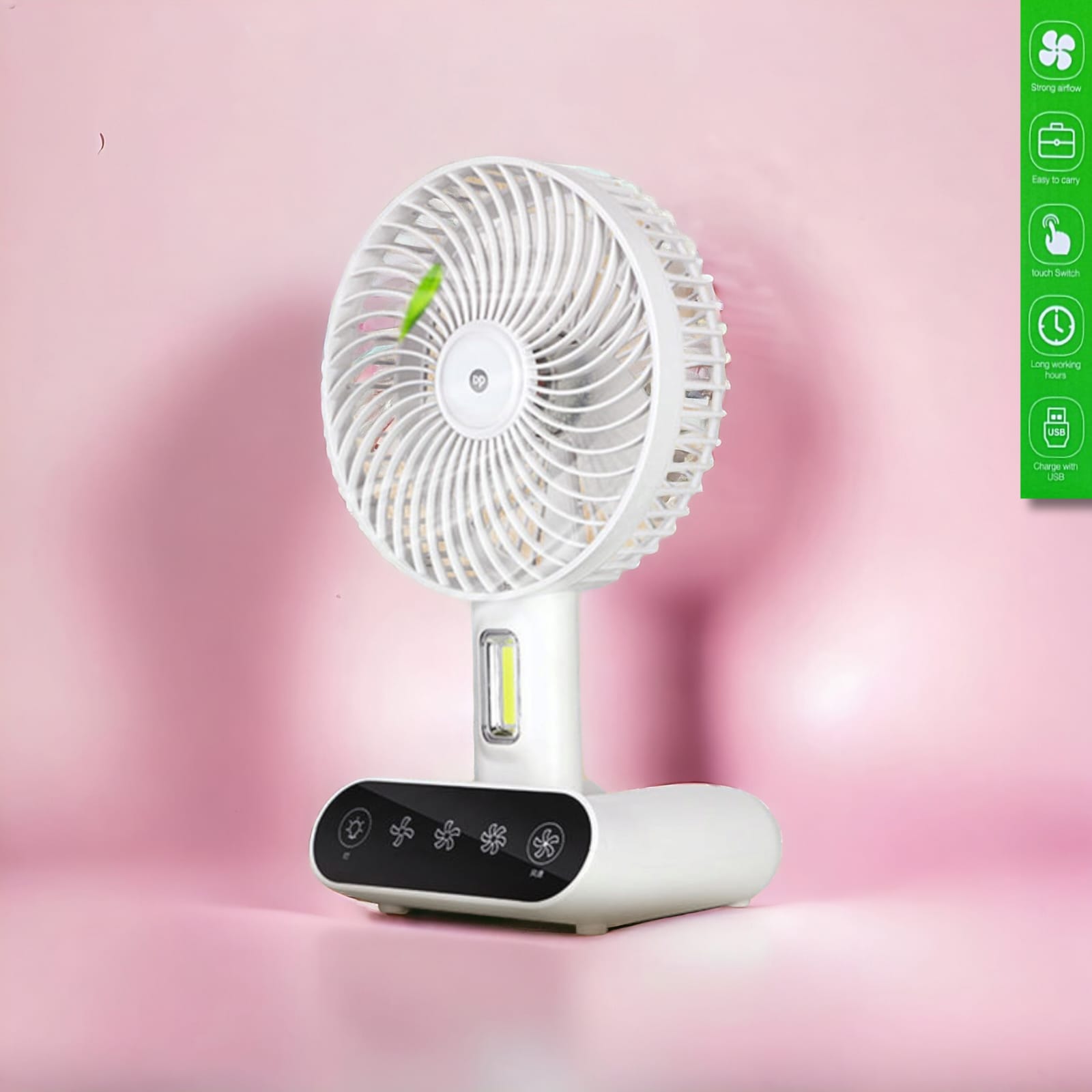 Rechargeable TableTouch Fan With Lamp USB Charging Portable Handheld 3 Gear Speed Desktop Mini Fan (DP 7624 )-000081